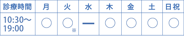 営業時間10:30〜19:00　電話受付時間10:30〜18:00　水曜、第1・第3火曜はお休みです。